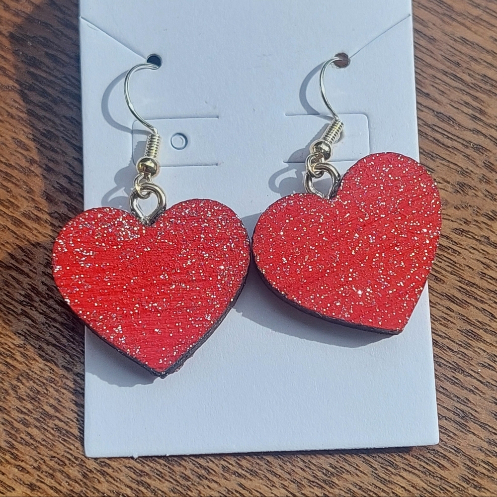 3/$10 Red Heart Dangle Earrings, Silver Hooks